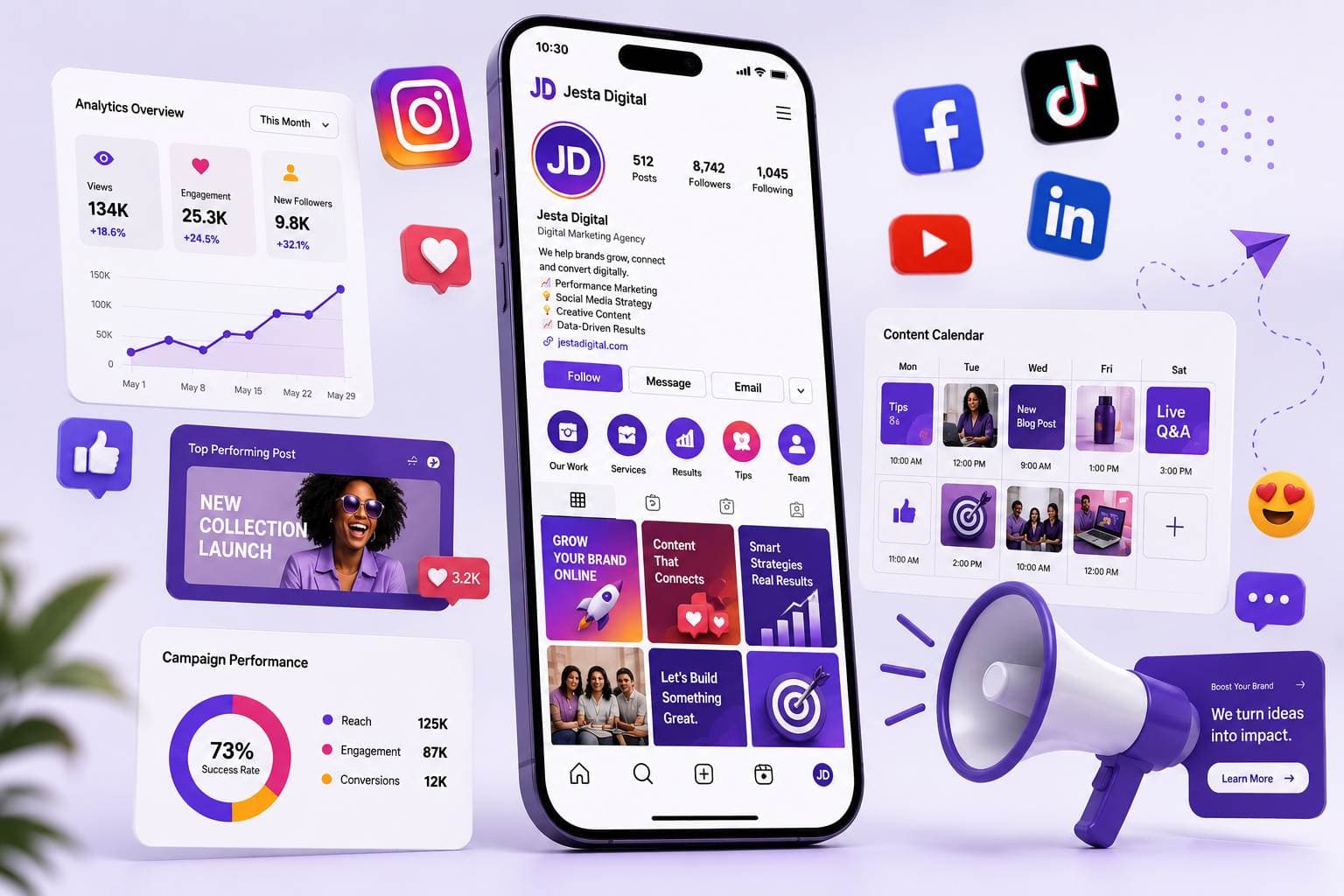 Digital marketing work — social media and analytics dashboard